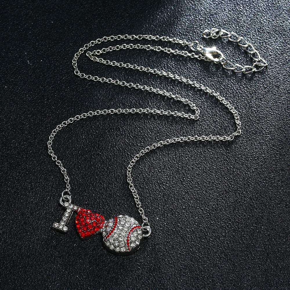 Sports Diamond Red Heart I Love Baseball Pendant Necklace