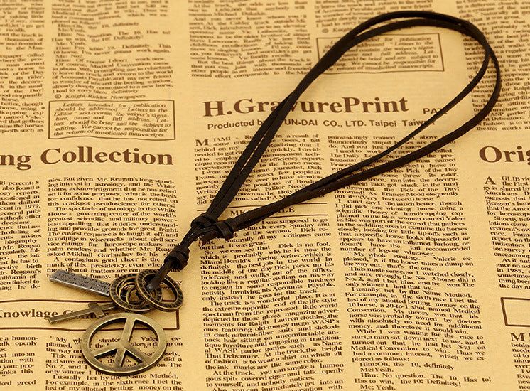 Peace Sign Cowhide Necklace Vintage Leather