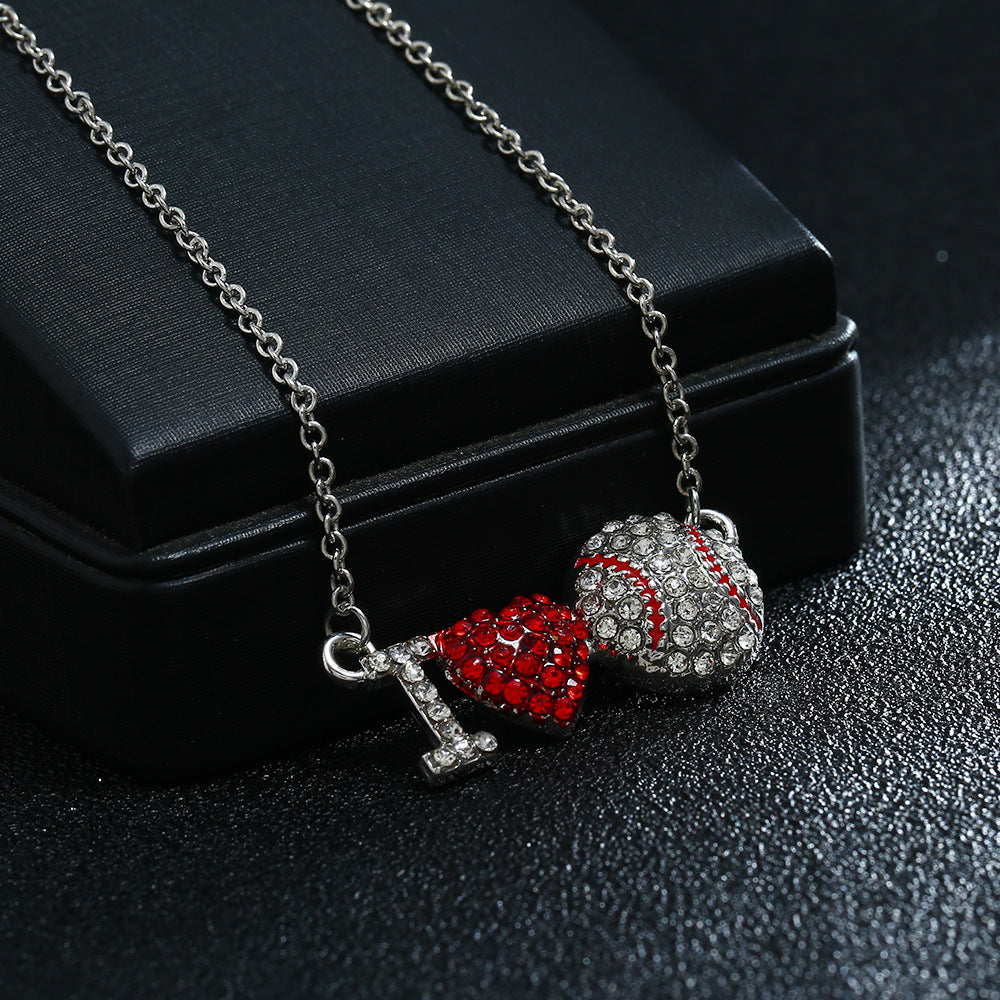 Sports Diamond Red Heart I Love Baseball Pendant Necklace