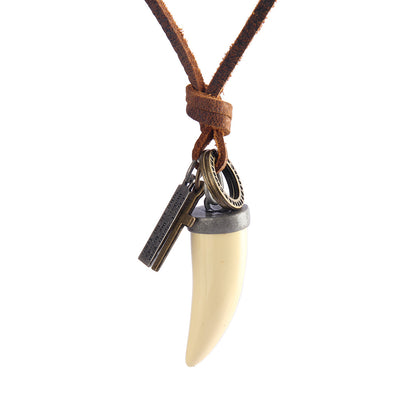 Men's Necklace Jewelry Personality Fashion Cowhide String Ivory Pendant Hip Hop Long Necklace Ring Sweater Chain