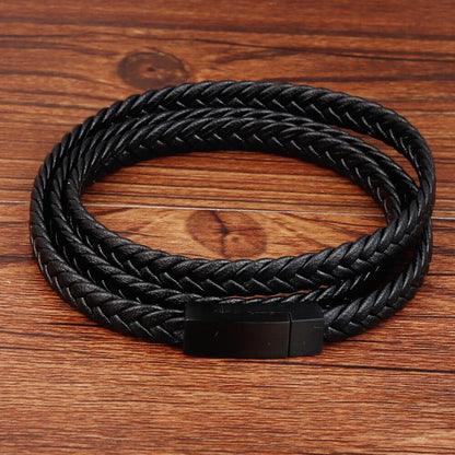 Woven leather steel bracelet