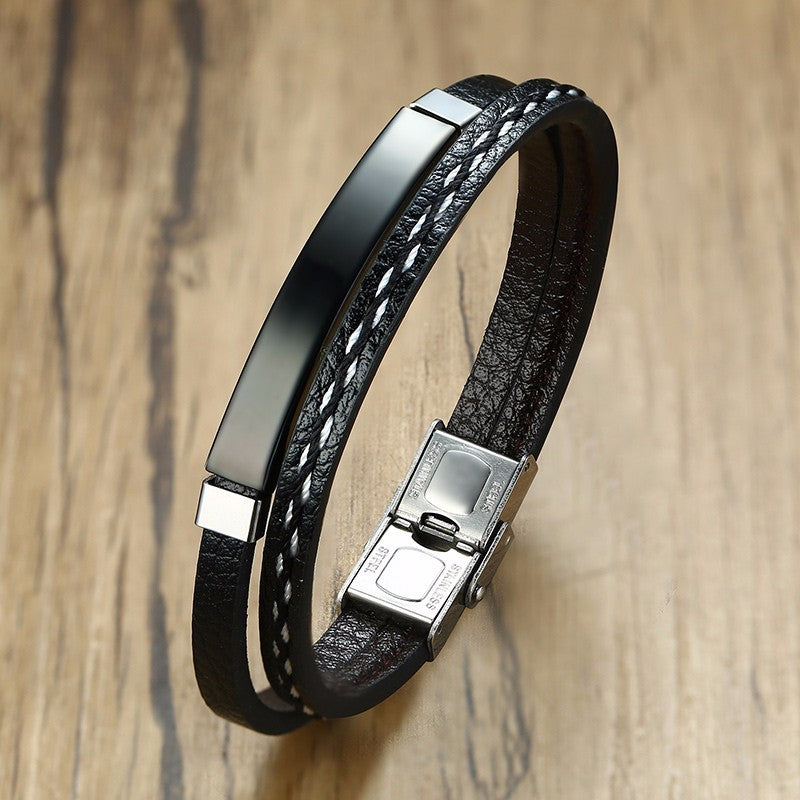 Mens Stainless Steel & Leather Bracelet