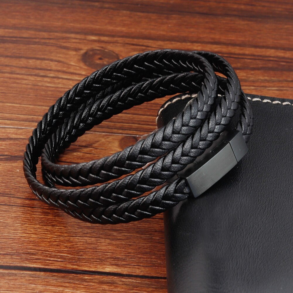 Woven leather steel bracelet