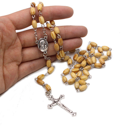 Wooden Rosary Beads Cross Necklace