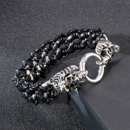 Punk Style Titanium Steel Braided Cowhide Bracelet Stainless Steel