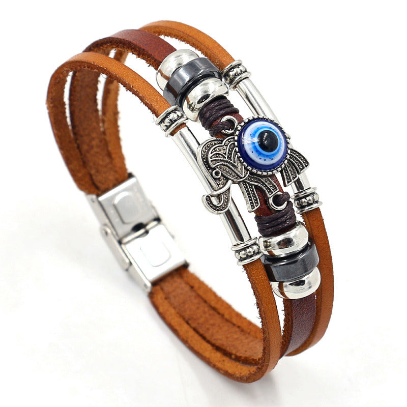 Stainless steel buckle leather bracelet