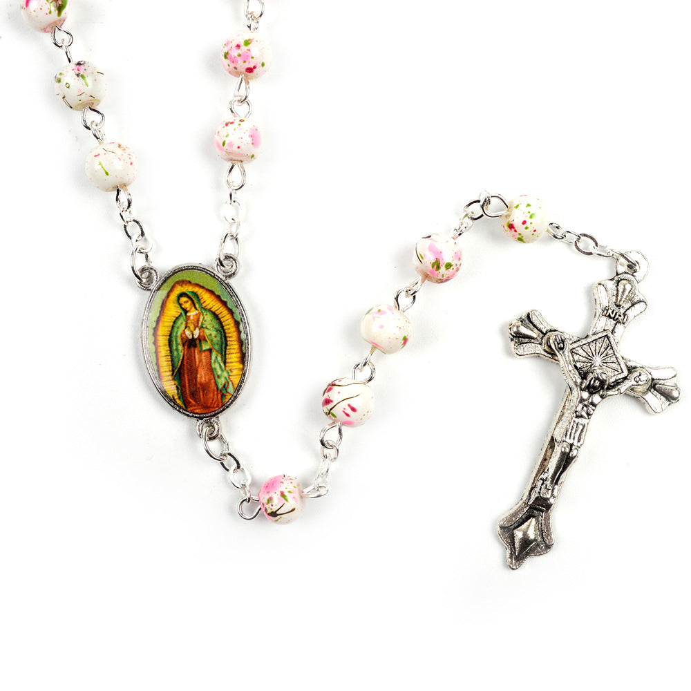 Blue glass virgin mary rosary necklace