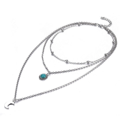 Turquoise Moon Necklace Fashionable Three-layer Chain