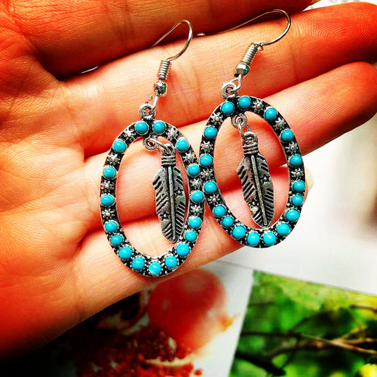 Antique Silver Exaggerated Earrings Vintage Blue Turquoise Feather Earrings