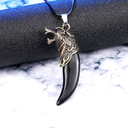 Fashion Resin wolf Tooth Alloy Wolf Head Pendant Necklace with Leather Rope