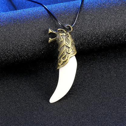 Fashion Resin wolf Tooth Alloy Wolf Head Pendant Necklace with Leather Rope