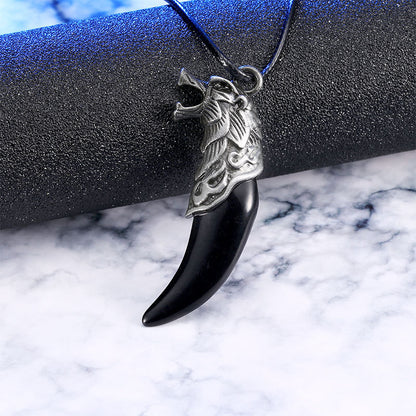 Fashion Resin wolf Tooth Alloy Wolf Head Pendant Necklace with Leather Rope