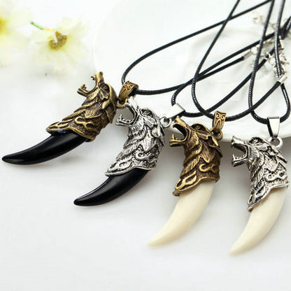 Fashion Resin wolf Tooth Alloy Wolf Head Pendant Necklace with Leather Rope