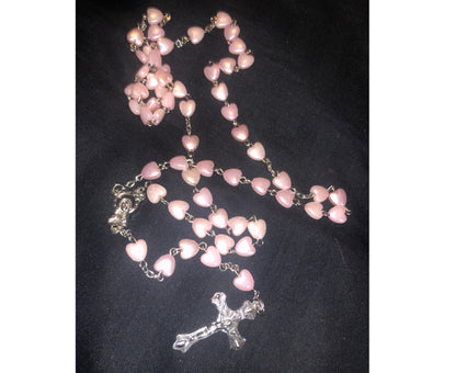 Love Pink Rosary Necklace Virgin Mary Cross Jewelry Baptism Beads Christ Jesus Prayer Counting Bead Chain