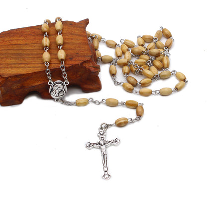 Wooden Rosary Beads Cross Necklace