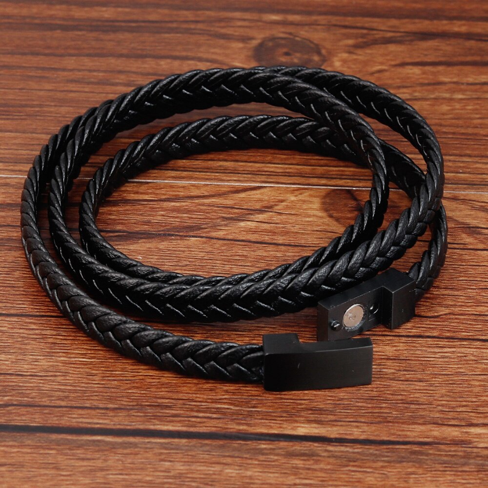 Woven leather steel bracelet