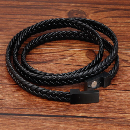 Woven leather steel bracelet