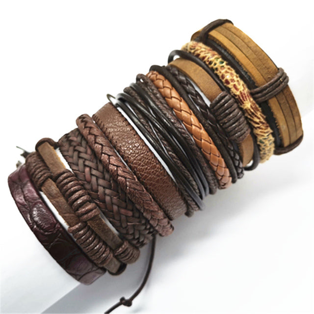 Leather Fashion Bracelets 10pcs Set Wrap Woven Fashion Handmade Men