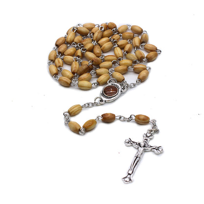 Wooden Rosary Beads Cross Necklace