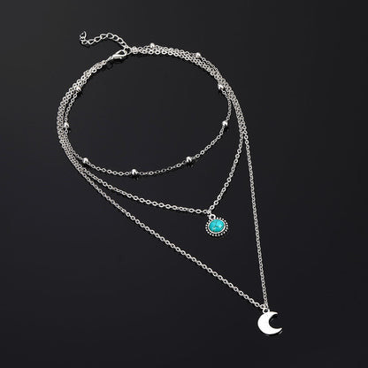 Turquoise Moon Necklace Fashionable Three-layer Chain