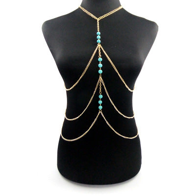 Natural turquoise long tassel body chain women's necklace