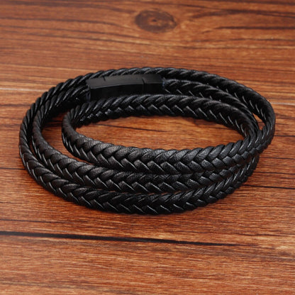 Woven leather steel bracelet