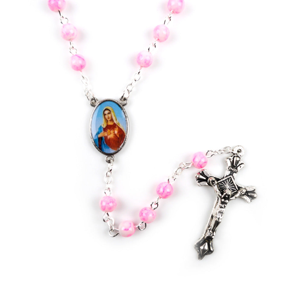 Blue glass virgin mary rosary necklace