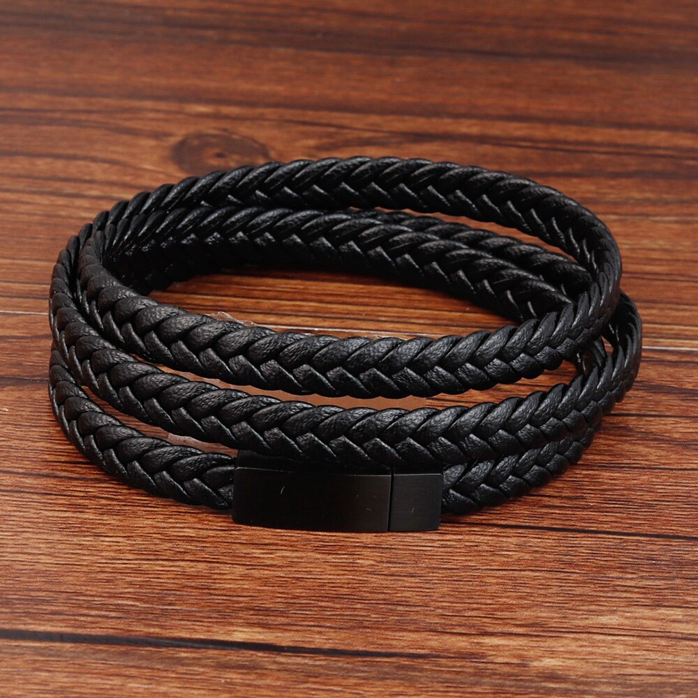 Woven leather steel bracelet