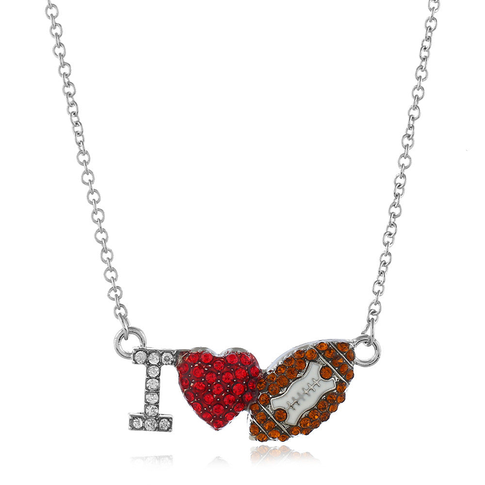 Sports Diamond Red Heart I Love Baseball Pendant Necklace