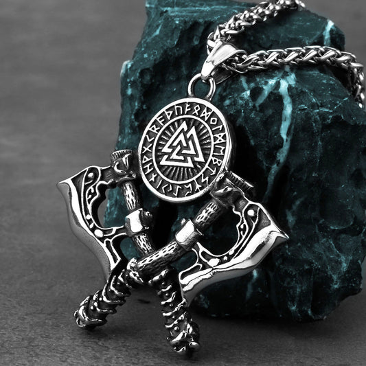 Mens Double Axe Stainless Steel Pendant Necklace