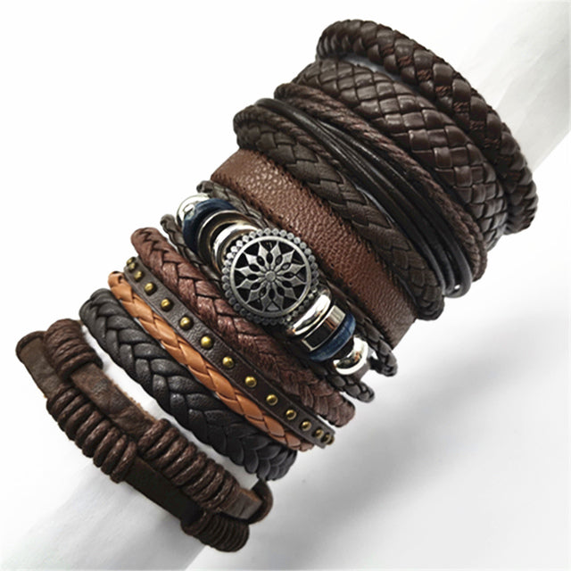 Leather Fashion Bracelets 10pcs Set Wrap Woven Fashion Handmade Men