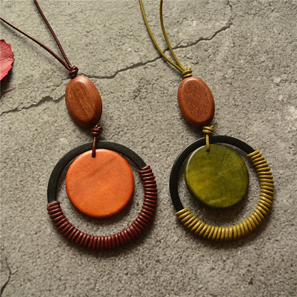 Circle leather rope wooden pendant