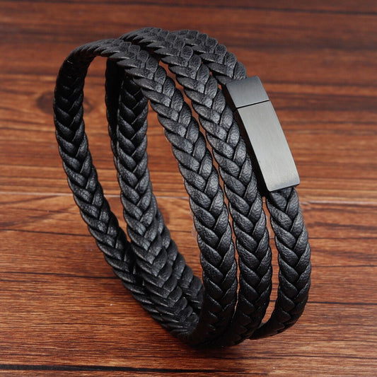 Woven leather steel bracelet