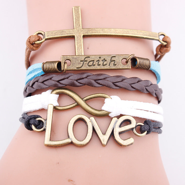 European and American bracelets love pendant fashion faith letter jewelry multi-layer woven leather rope bracelet bracelet