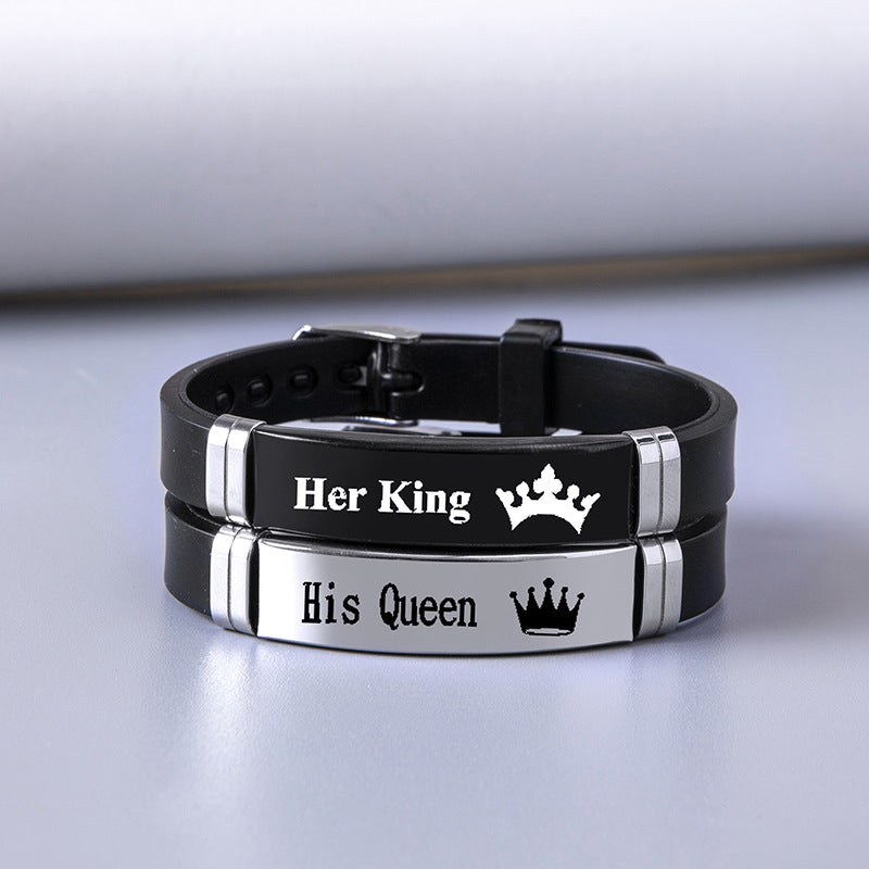 Couple Romantic Crown Stainless Steel Silicone Bracelet Black Steel Bracelet