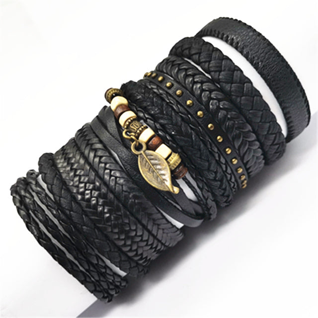 Leather Fashion Bracelets 10pcs Set Wrap Woven Fashion Handmade Men