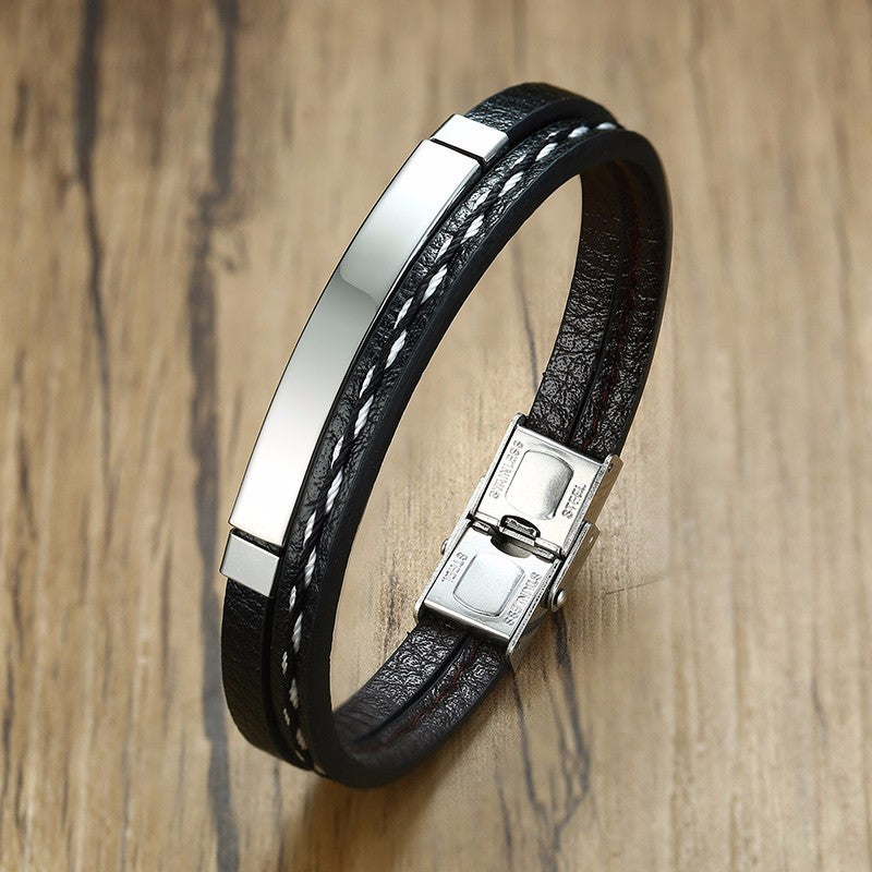 Mens Stainless Steel & Leather Bracelet