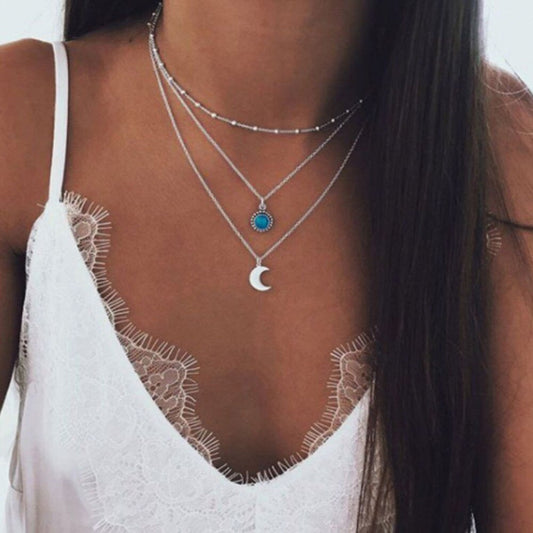 Turquoise Moon Necklace Fashionable Three-layer Chain