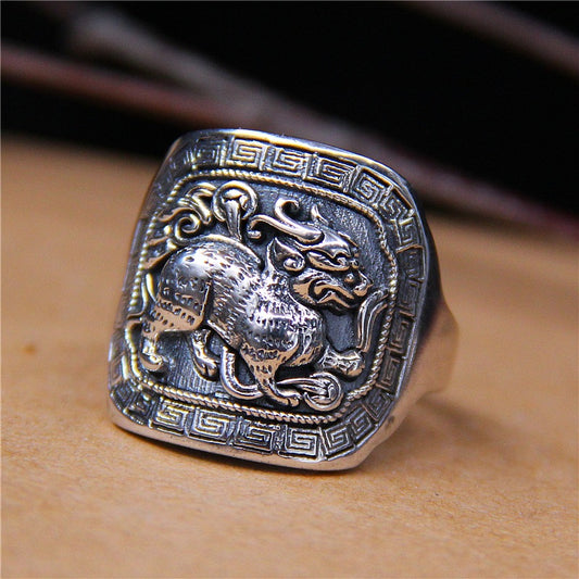 Ethnic Retro Style Sterling Silver Lucky Pixiu Ring