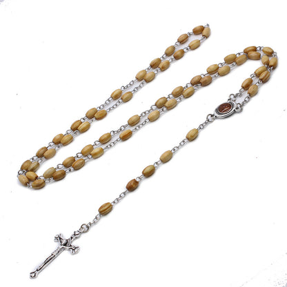 Wooden Rosary Beads Cross Necklace