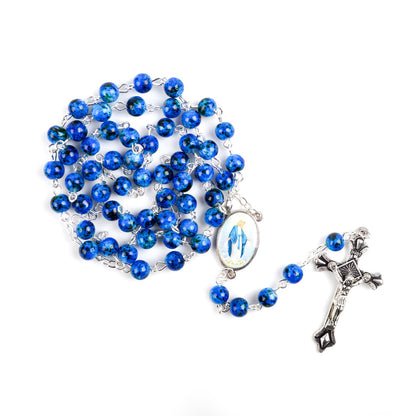 Blue glass virgin mary rosary necklace