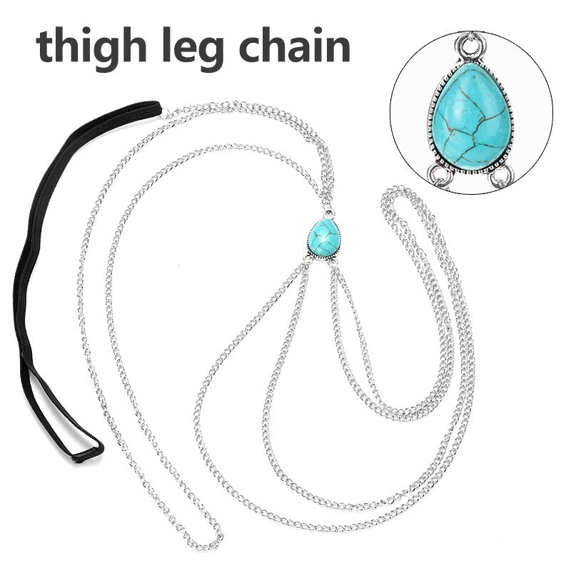 Exaggerated personality multi-layer tassel turquoise thigh chain anklet