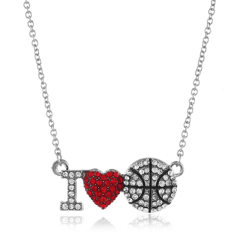 Sports Diamond Red Heart I Love Baseball Pendant Necklace