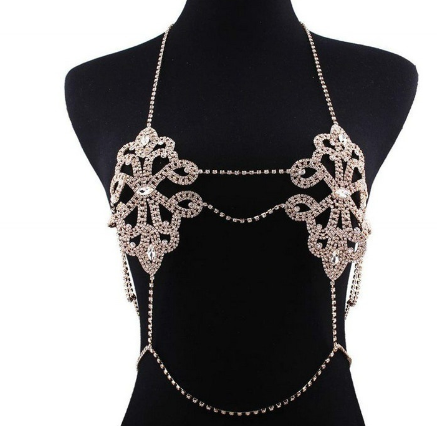 European and American fashion jewelry new bikini crystal rhinestone sexy chest chain tide female geometric diamond body chain