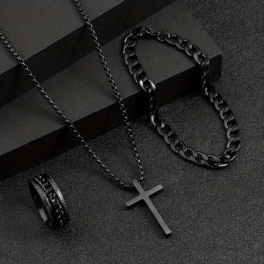 Men's Cross Necklace Ring Bracelet Set