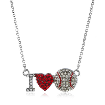 Sports Diamond Red Heart I Love Baseball Pendant Necklace