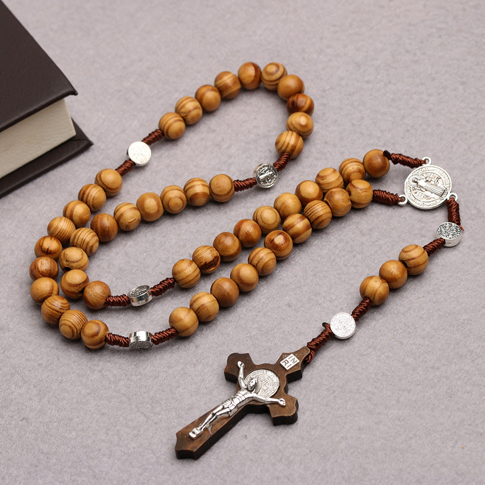 Natural Wood Rosary Necklace Handcrafted Pine Cross