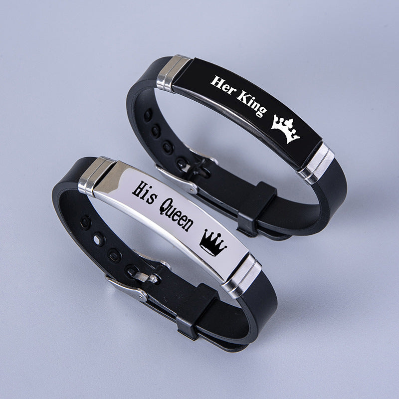 Couple Romantic Crown Stainless Steel Silicone Bracelet Black Steel Bracelet