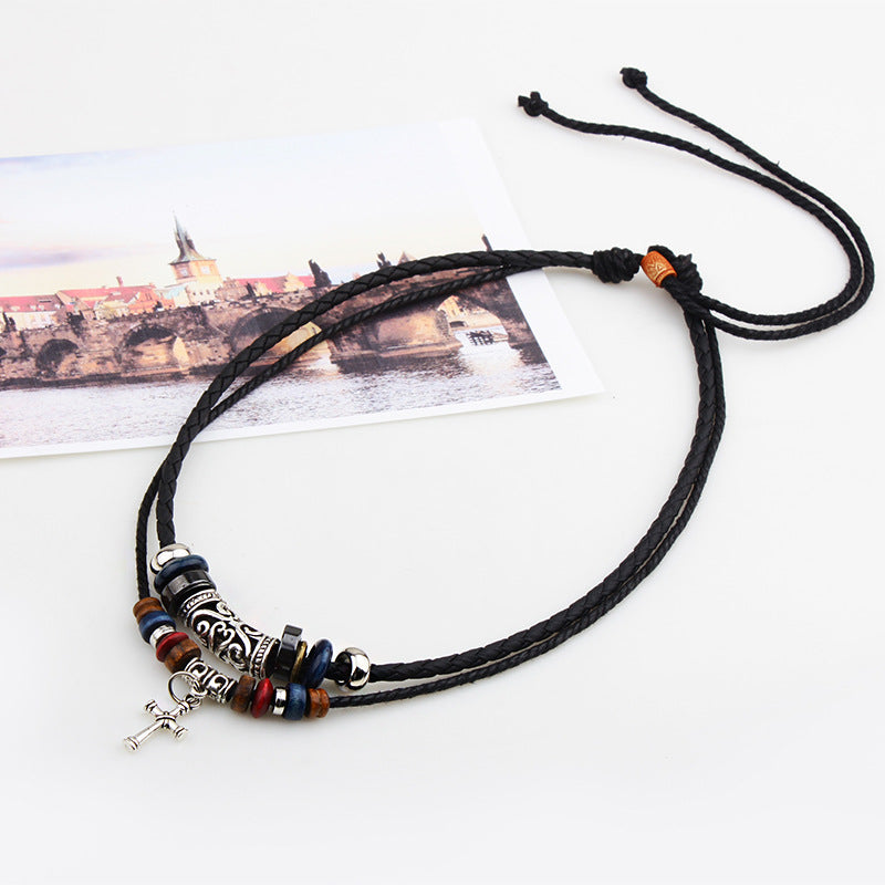 Braided Leather Rope Vintage Wooden Beads Men's Pendant Necklace