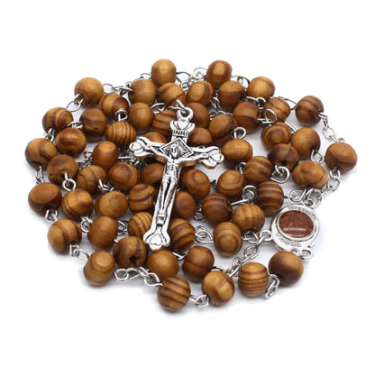 Catholic Wooden Beads Rosary Necklace Virgin Mary Cross Long Religious Necklace